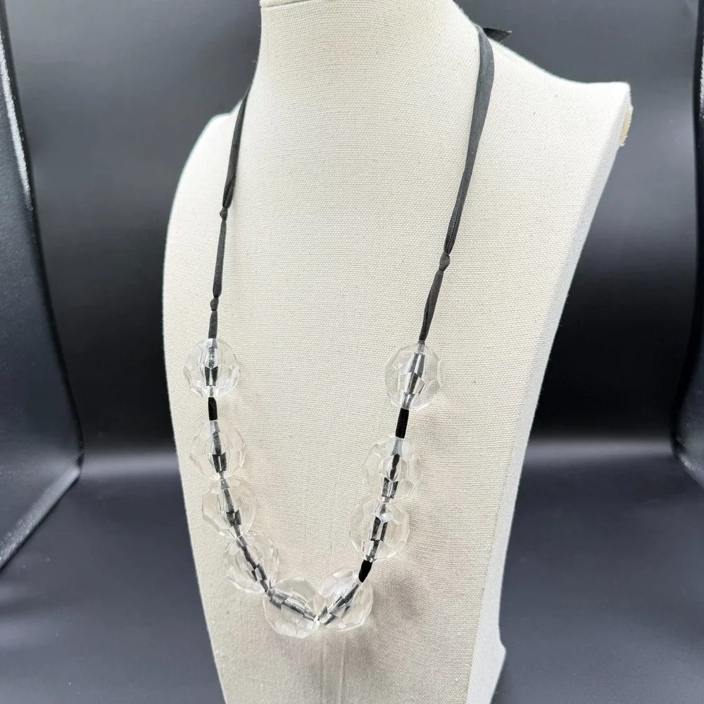 Clear Faceted Bead Necklace Black Ribbon Chunky Lucite Crystal Statement Jewelry